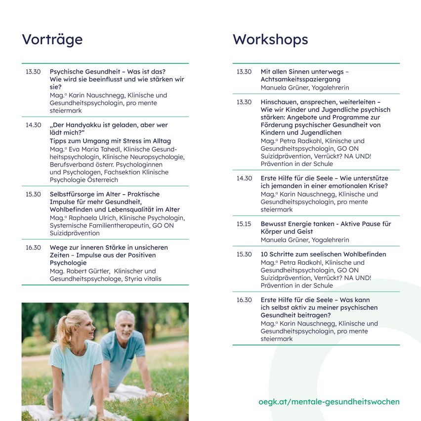 Ein Flyer mit einem Zeitplan für Workshops und Vorträge zu psychischer Gesundheit, mit Referenten und Themen wie Stressmanagement, Selbstfürsorge und positive Psychologie. Ein Bild von zwei Personen in einem Park ist ebenfalls enthalten.