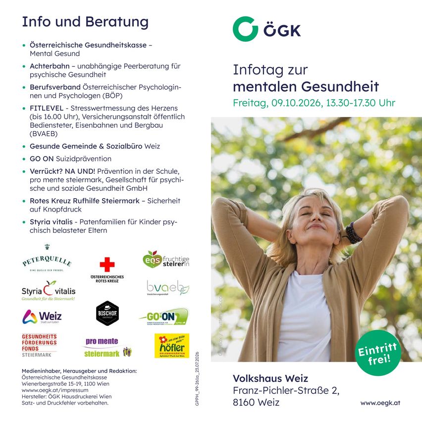 Ein Informationsposter mit einer Frau, die sich im Freien streckt, mit Details zu einem Mental Health Event in Weiz, Österreich, am 9. Oktober 2026 von 13:30 bis 17:30 Uhr.