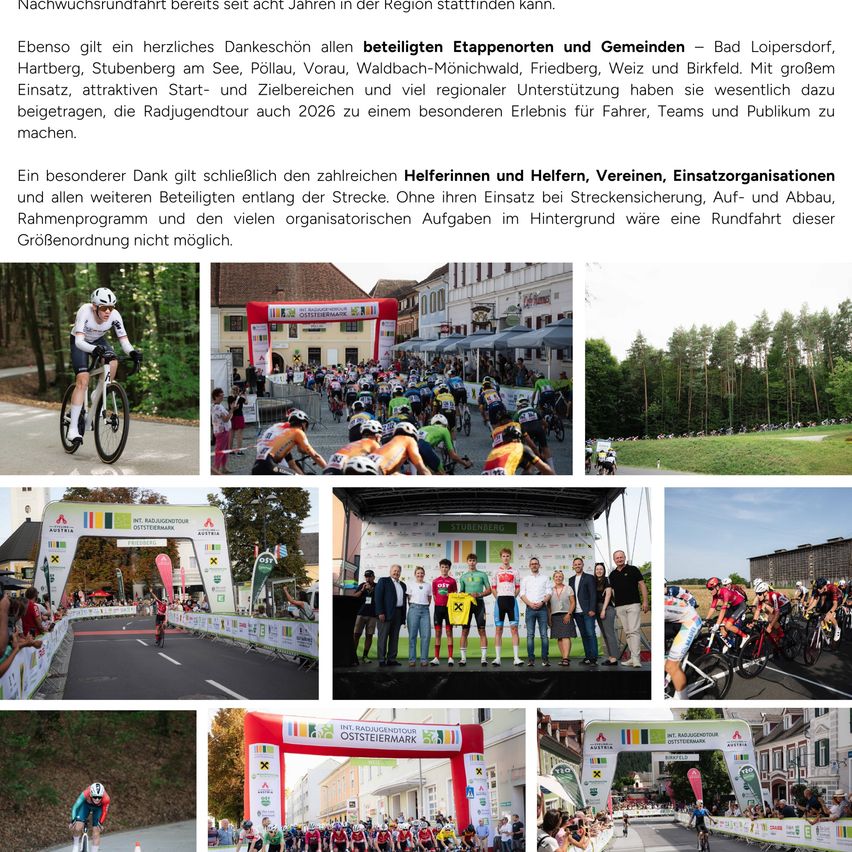 Eine Collage von Bildern, die Radfahrer beim Rennen, Startlinien und Zuschauer bei einer Radsportveranstaltung zeigen. Die Bilder heben die Teilnehmer, die Organisation der Veranstaltung und die Beteiligung der Gemeinschaft hervor.
