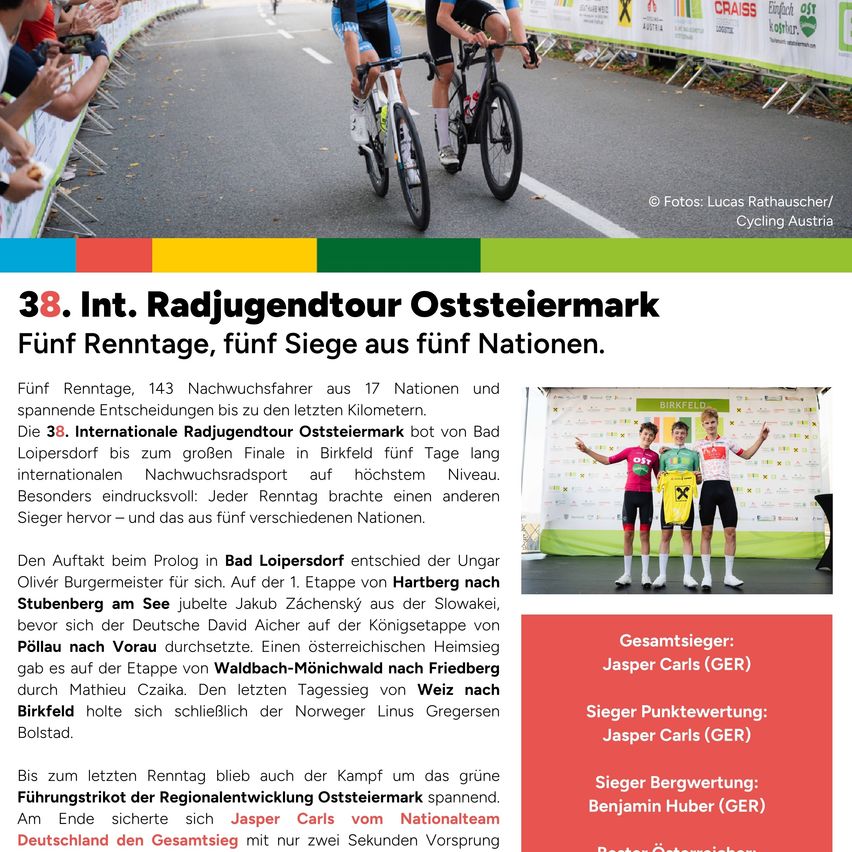 Ein Plakat für die Internationale Radjugendtour Osterreichmark. Es zeigt Radfahrer in Aktion und eine Liste der Sieger aus verschiedenen Nationen. Die Veranstaltung fand in Bad Loipersdorf statt und umfasste fünf Etappen. Der Gesamtsieger ist Jasper Carls aus Deutschland.