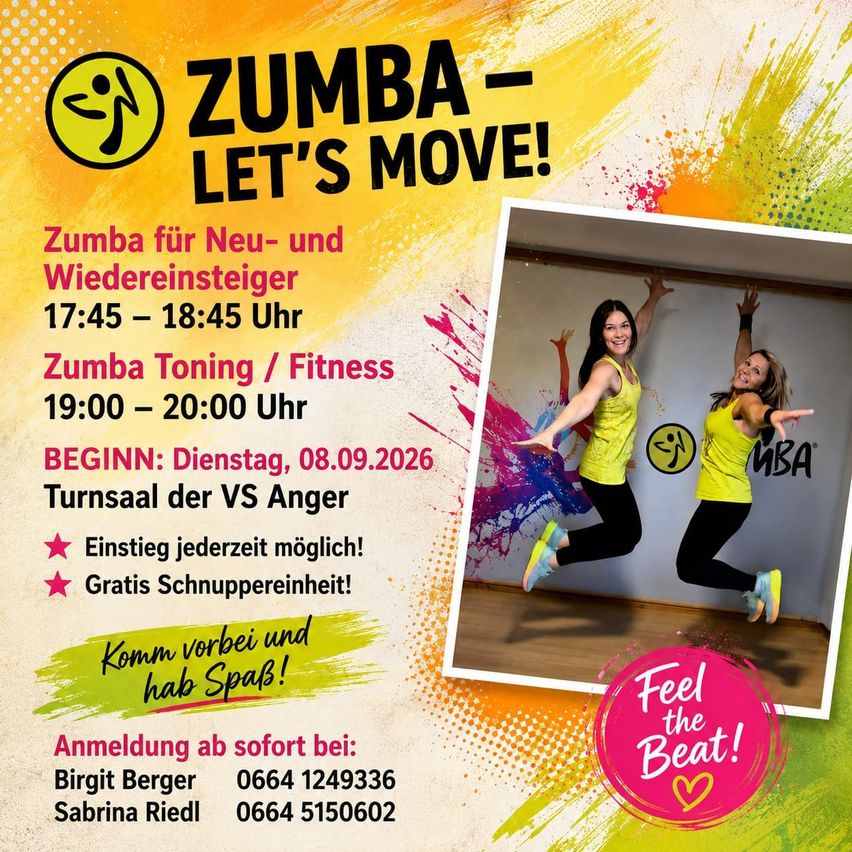 Zumba-Werbeposter mit zwei springenden Frauen im Vordergrund. Zeiten und Termine für Zumba-Kurse sind aufgeführt. Kontaktinformationen für die Anmeldung sind angegeben.