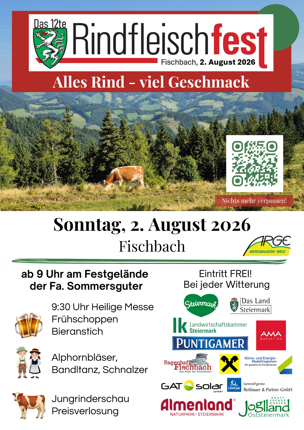 Plakat für die Fischebach-Veranstaltung am 2. August 2026. Zeigt eine Kuh beim Grasen, eine malerische Kulisse und Details zur Veranstaltung, einschließlich kostenlosen Eintritts, Beginn um 9 Uhr. Enthält einen QR-Code für weitere Informationen.