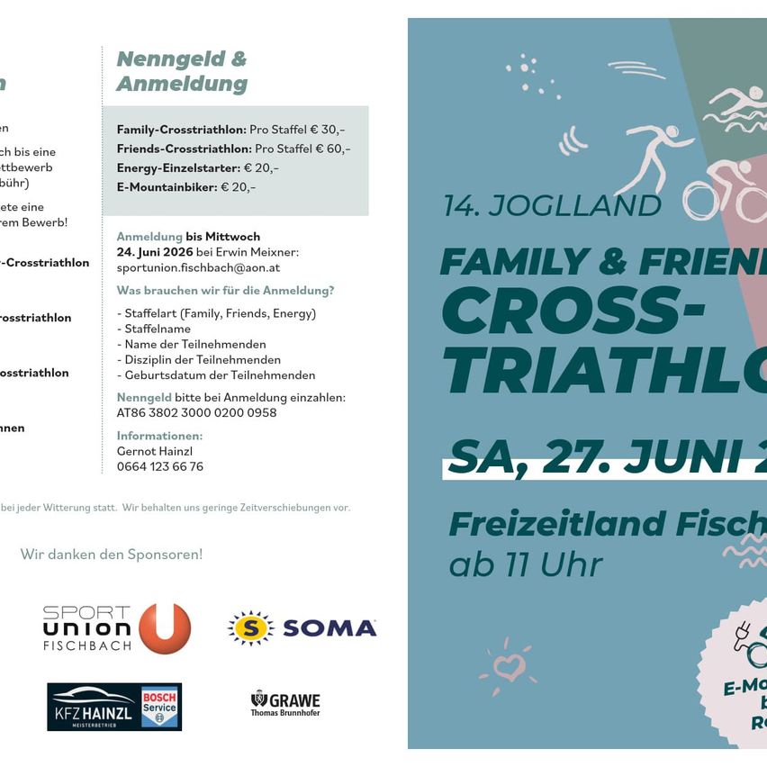 Plakat für Family and Friends Cross-Triathlon in Fischbach. Anmeldedaten und Gebühren aufgelistet. Veranstaltungsdatum und -ort angegeben. Sponsoren und Kontaktinformationen enthalten.
