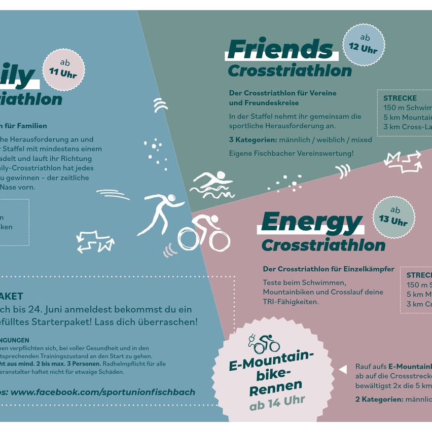 Plakat für Friends Crosstriathlon und Energy Crosstriathlon Events. Friends Event ist für Gruppen, einschließlich Schwimmen, Radfahren, Laufen und 5 km Mountainbike-Strecke. Energy Event ist für Einzelstarter, einschließlich Schwimmen, Radfahren, Laufen und 5 km Mountainbike-Strecke. Alterskategorien und Startzeiten angegeben.