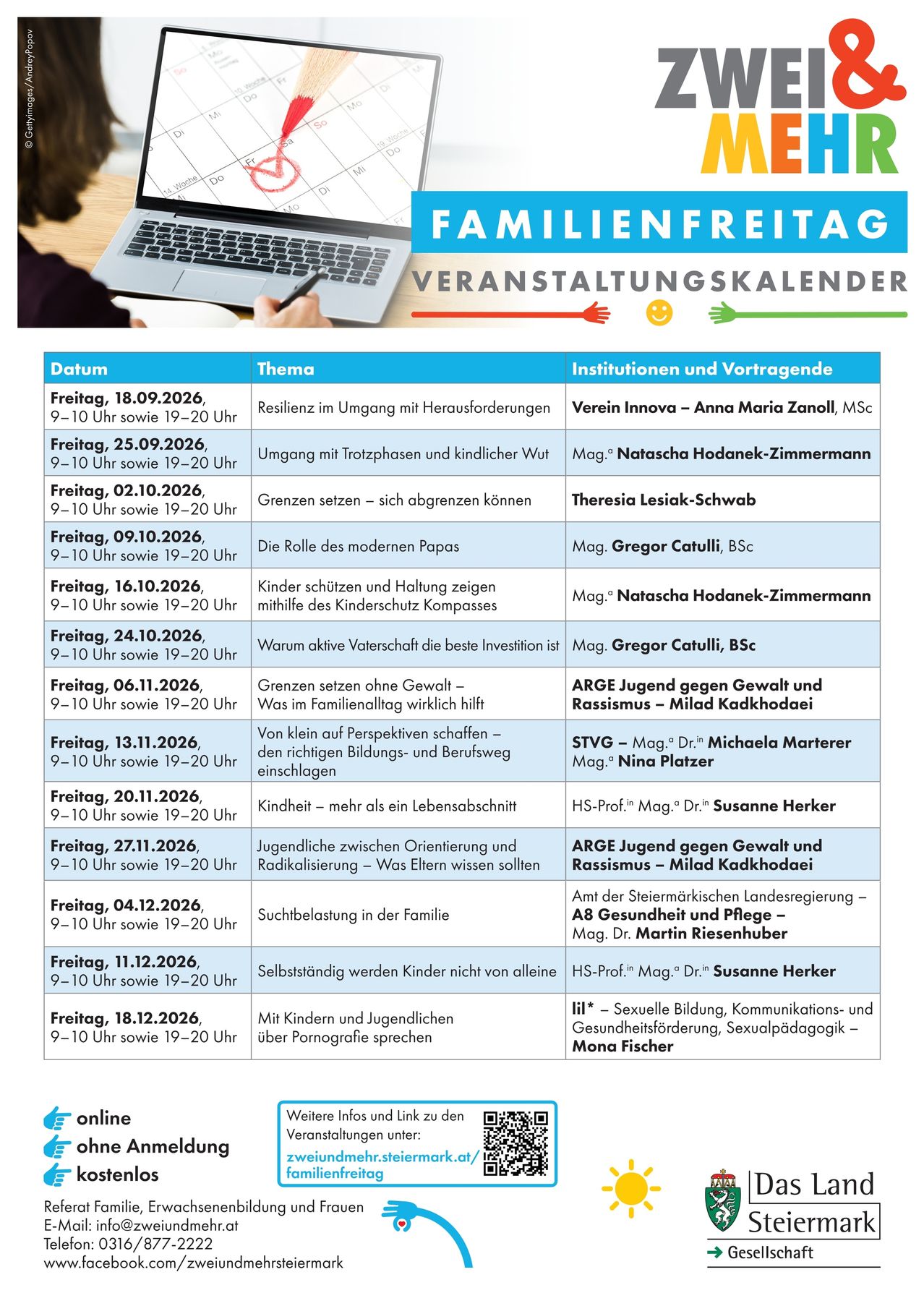 An image of a family freedom event calendar, with dates and topics of seminars, including 'Resilience in dealing with challenges', 'Setting boundaries - being able to separate', and 'The role of modern fathers'.
