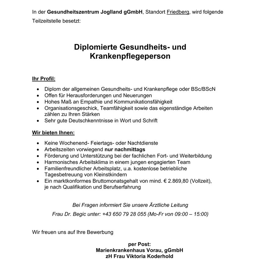 Jogllland GmbH Health Center in Friedberg seeks full-time staff. Position: Diploma Health and Care Workers. Requirements: Health and Care degrees, empathy, and communication skills. Flexible working hours, professional development, family-friendly workplace, and competitive salary. Contact Frau Dr. Begic.