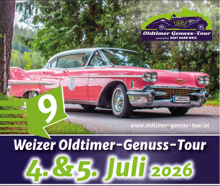 Poster for the Weizer Oldtimer Genuss Tour, featuring a pink classic car, with the dates July 4 and 5, 2026.