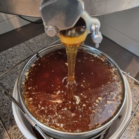 Ein Honigextraktor wird verwendet, um Honig aus einem Bienenstock zu extrahieren, wobei Honig in ein Sieb tropft, das über einem Behälter auf einer Marmorarbeitsplatte platziert ist.