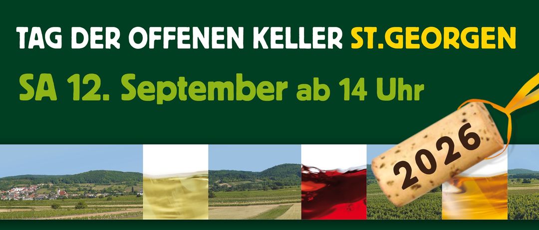 Plakat für eine Veranstaltung am 12. September 2026 ab 14 Uhr. Es zeigt einen Korken mit dem Jahr 2026 und Bilder von gelben, roten und klaren Getränken.