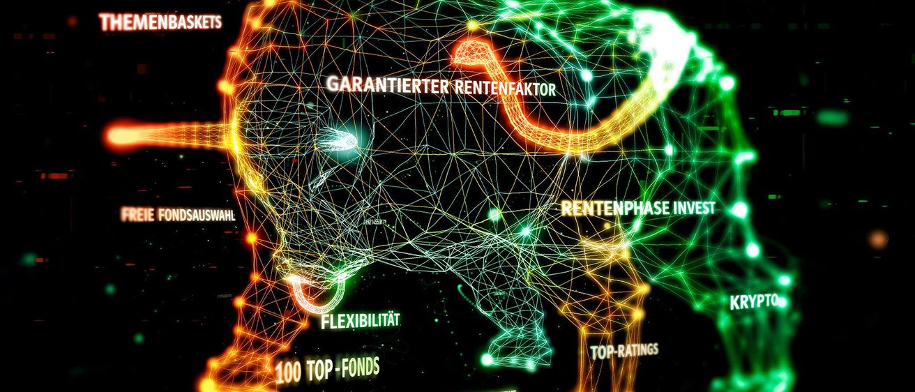 Eine digitale Illustration eines Elefanten mit leuchtenden Linien repräsentiert verschiedene Finanzbegriffe wie 'Fondswechsel', 'Garantierter Zinsfaktor', 'Themenbaskets' und 'Nachhaltigkeit'.