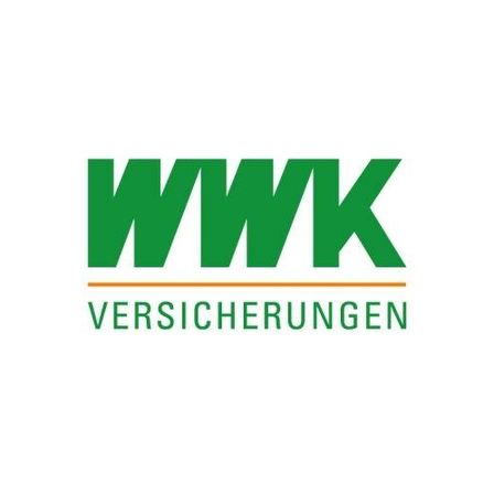 Das Logo für WWK Versicherungen zeigt den Firmennamen in fetten grünen Großbuchstaben mit einer gelben Linie darunter.