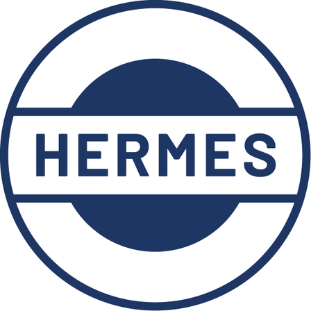 Das Hermes-Logo zeigt das Wort 'HERMES' in fettblauen Großbuchstaben auf weißem Hintergrund, eingeschlossen in einem blauen Kreis mit weißem Rand.