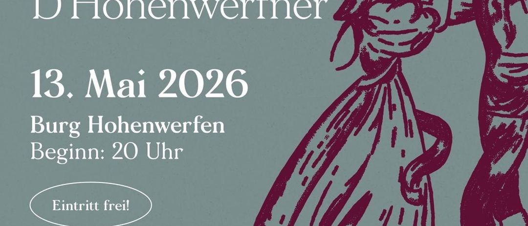 Ein Plakat zum 80-jährigen Jubiläum des Heimatvereins D'Hohenwerfner mit einem tanzenden Paar. Veranstaltungsdatum: 13. Mai 2026, Beginn: 20 Uhr. Ort: Burg Hohenwerfen. Eintritt frei.
