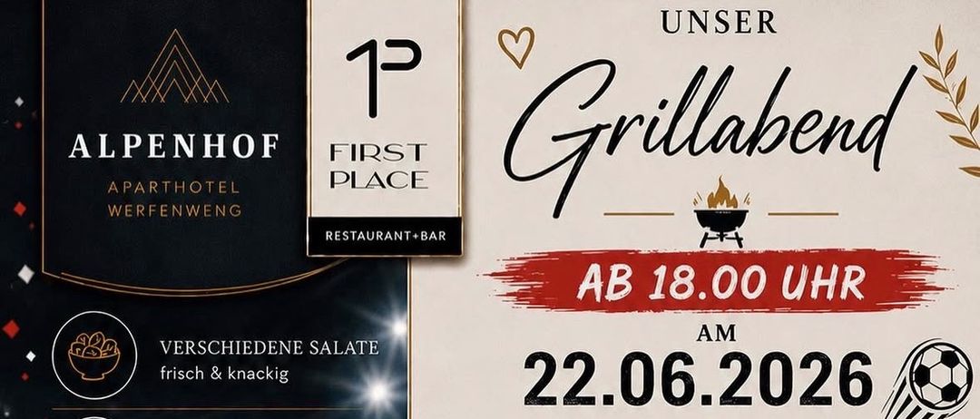 Grill-Event mit Live-Fußballübertragung. Datum: 22.06.2026, Beginn 18.00 Uhr. Verschiedene Salate, Fleisch, Fisch und vegetarische Variationen. Dressings, Saucen und Beilagen aufgeführt.