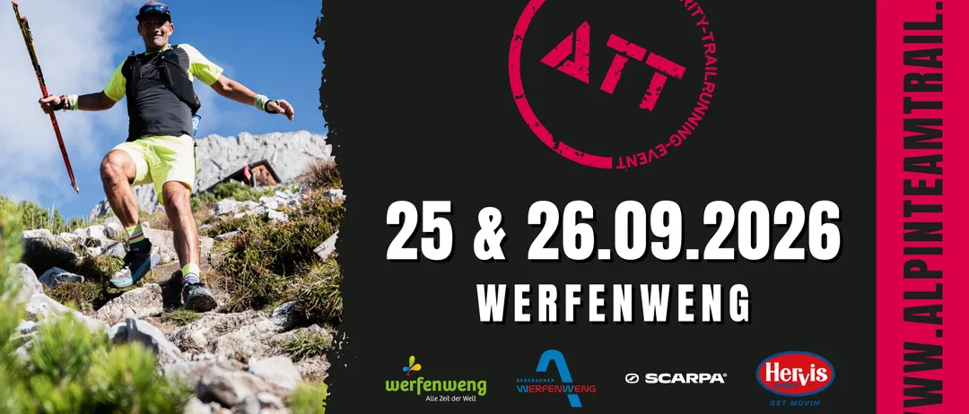Plakat für das ATT-Charity-Trailrunning-Event am 25. und 26. September 2020. Ein Läufer ist auf einem Bergpfad zu sehen. Sponsoren sind Werfenweng, Scarpa, Coca-Cola und andere.