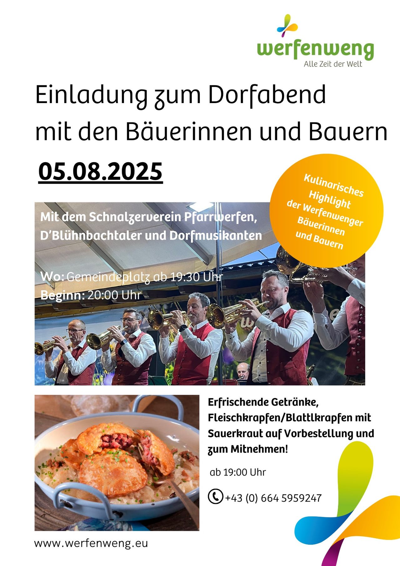 Veranstaltungsplakat für einen Dorfabend am 05.08.2025. Es zeigt Musiker, die Trompeten spielen, und darunter ein Gericht mit Fleisch und Sauerkraut. Der Text lädt zu einem Dorfabend mit Bäuerinnen und Bauern ein.