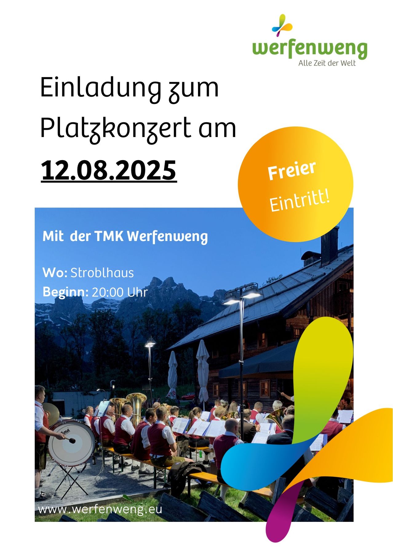 Ein Plakat für ein kostenloses Eintrittsplatzkonzert am 12. August 2025 mit dem TMK Blasorchester im Stroblhaus um 20:00 Uhr.