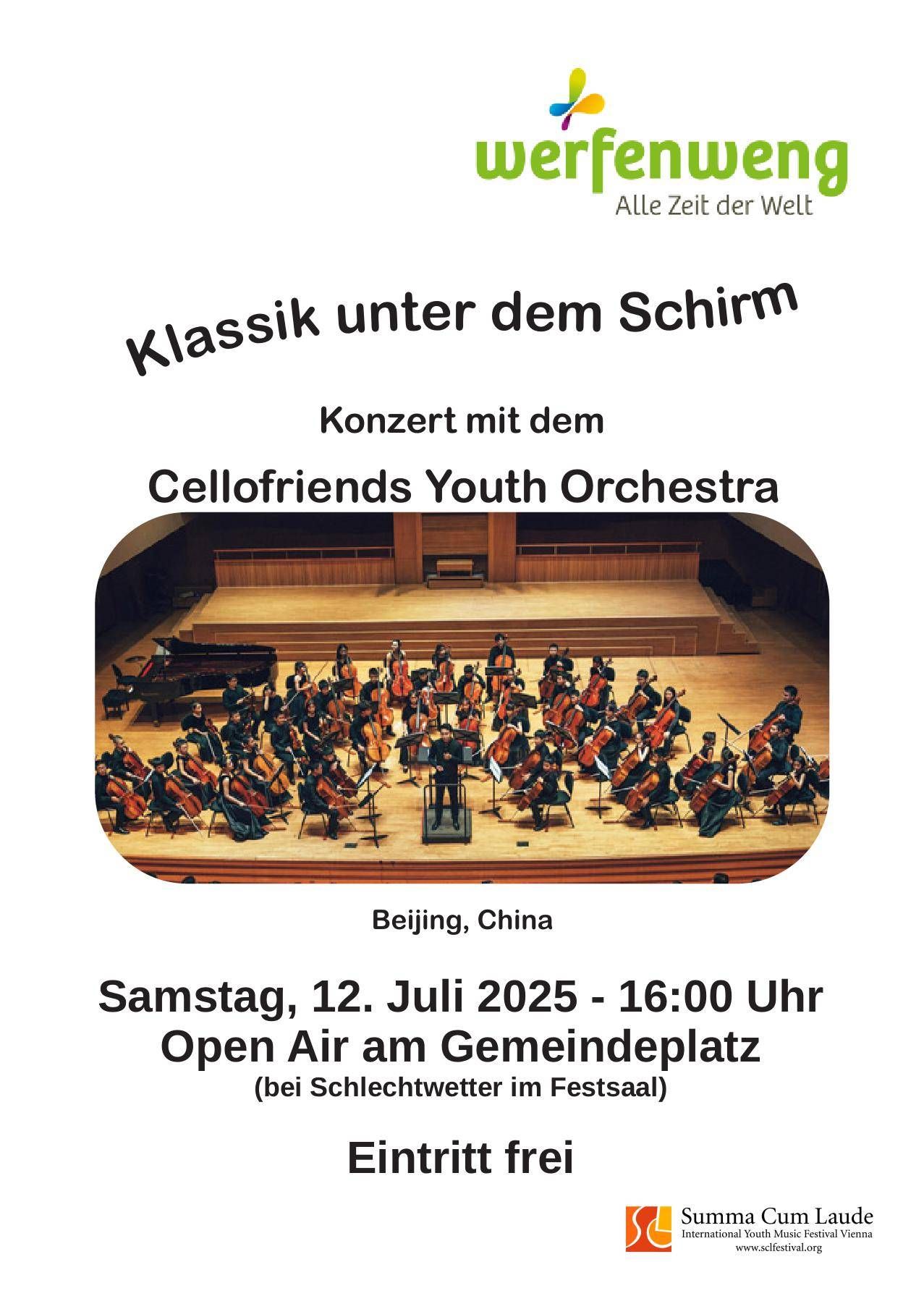 Plakat für ein klassisches Musikkonzert des Cellofriends Jugendorchesters in Peking, China, am Samstag, 12. Juli 2025, um 16:00 Uhr. Die Veranstaltung findet im Freien auf dem Gemeindeplatz statt.