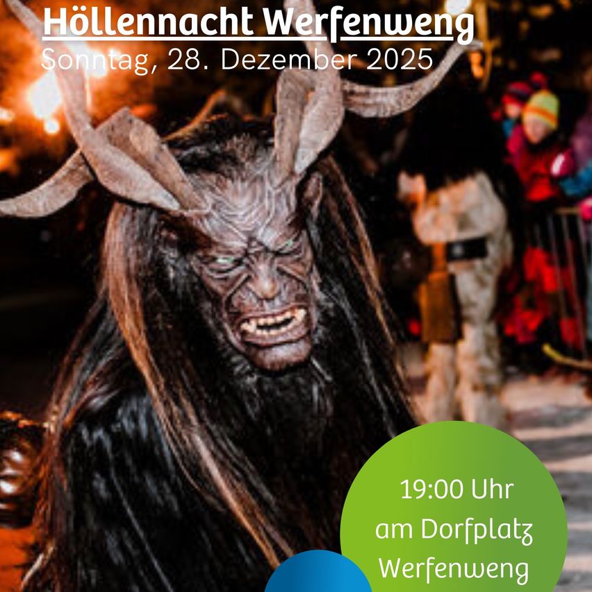 Ein Bild einer Person in einem Hörnerkostüm, wahrscheinlich für eine Halloween-Veranstaltung am 28. Dezember 2025. Die Veranstaltung beginnt um 19:00 Uhr am Dorfplatz Werfenweng.