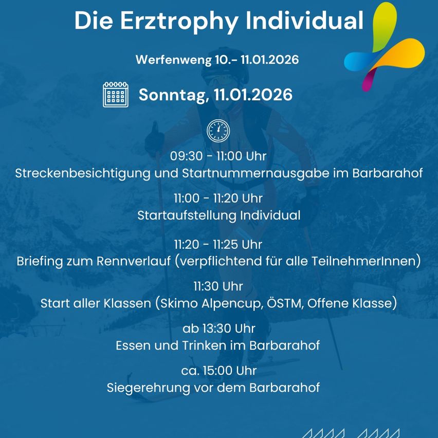 Plakat für die Erztrophy Individual Veranstaltung am 10.-11.01.2026. Aktivitäten umfassen Streckenbesichtigung, Startnummernausgabe, individueller Startaufbau, Briefing und Skimo-Alpin-Cup-Rennen.