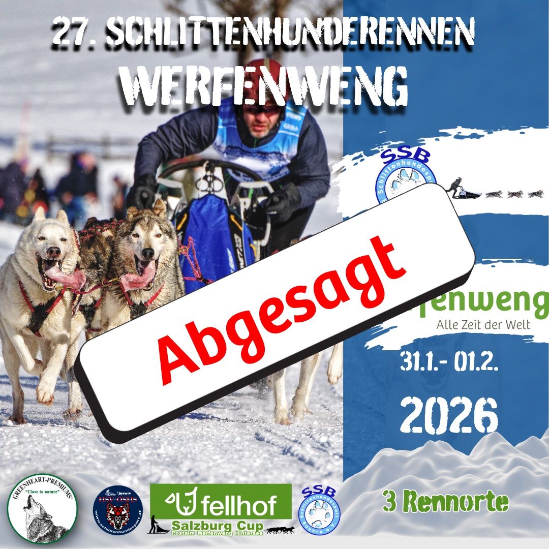 Plakat für die 27. Schlittenhunderennen in Werfenweng, mit einem Musher und Hunden, vom 31. Januar bis 1. Februar 2026.