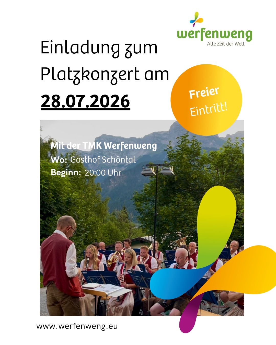 Platzkonzert Werfenweng mit TMK am 28.07.2026 im Gasthof Schöntal mit freiem Eintritt
