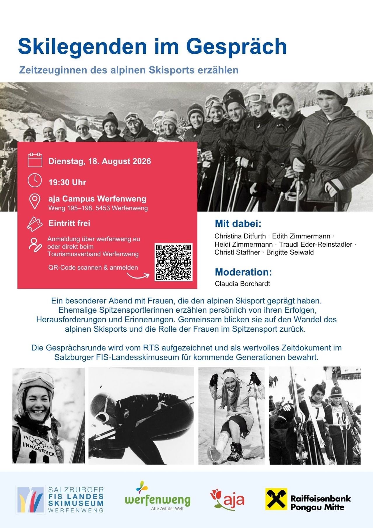 Ein Schwarz-Weiß-Bild eines Flyers für eine Veranstaltung am 18. August 2026 mit Frauen in Skiausrüstung, einem QR-Code und Details zur Veranstaltung.