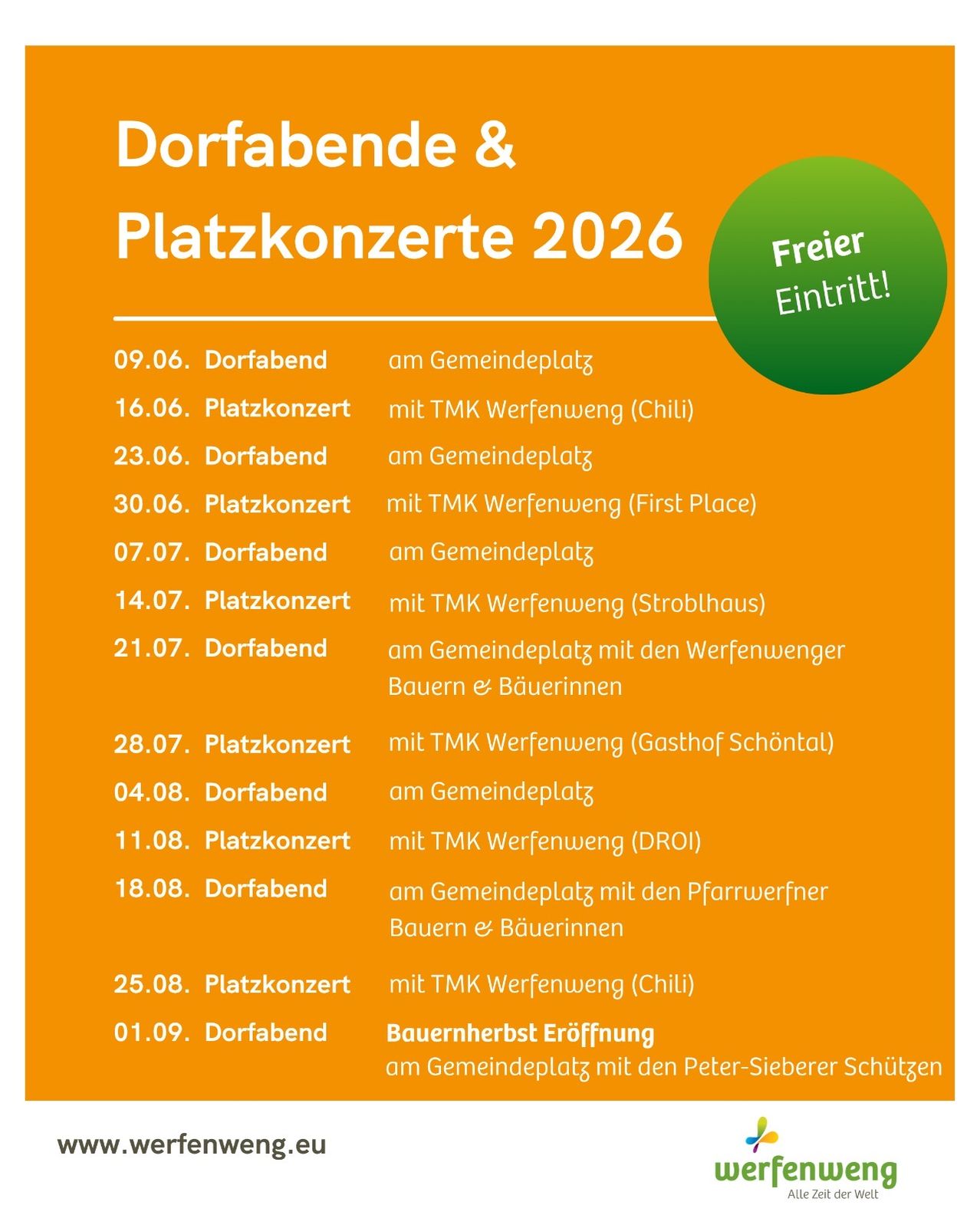 This poster shows the schedule for Dorfabende & Platzkonzerte 2026. Events include Dorfabend on 09.06 at the community square and Platzkonzert on 16.06 with TMK Werfewueng (Chile).