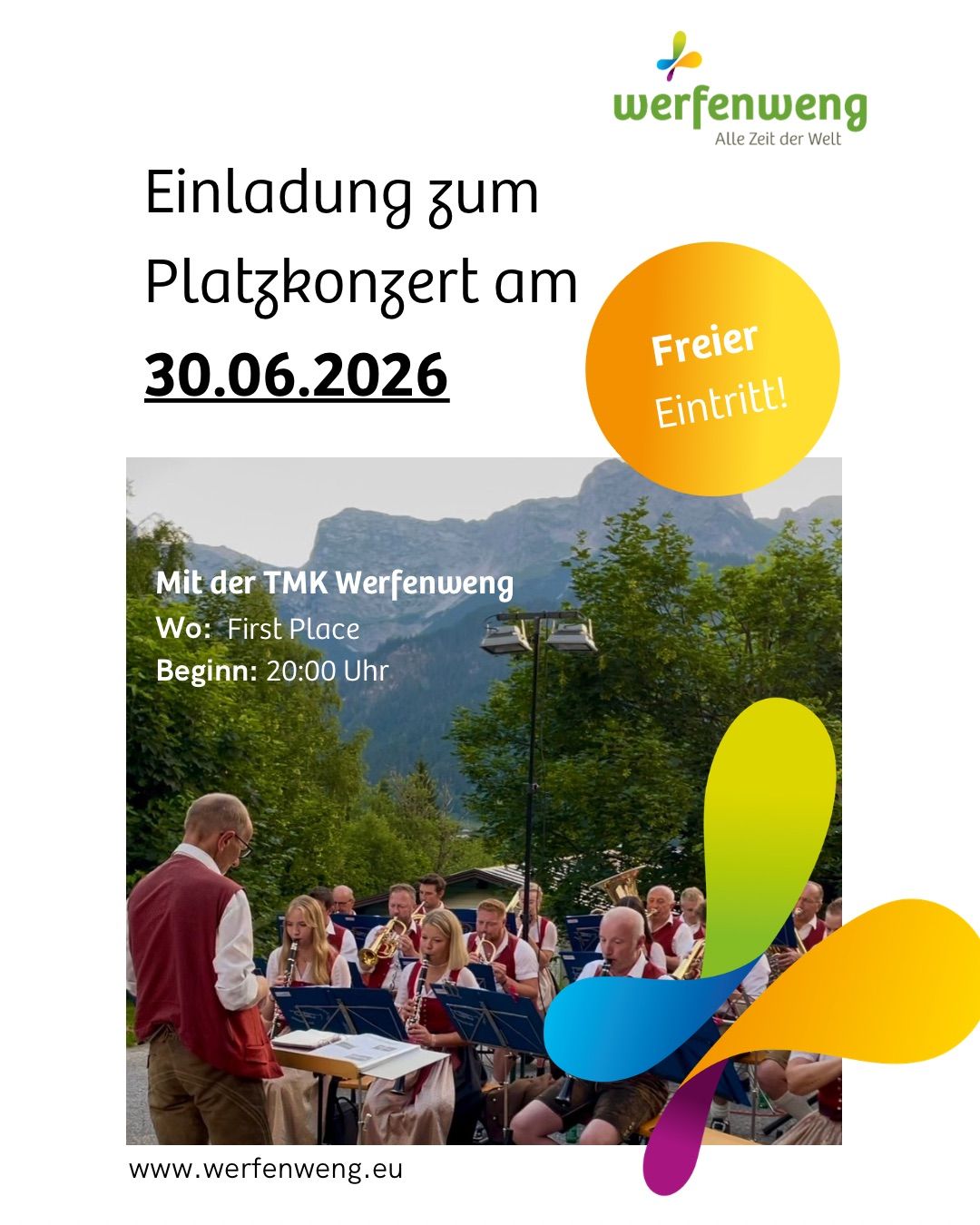Einladung zum Platzkonzert am 30.06.2026. Der Eintritt ist frei. Ort: First Place. Zeit: 20:00 Uhr. Eine Band spielt.
