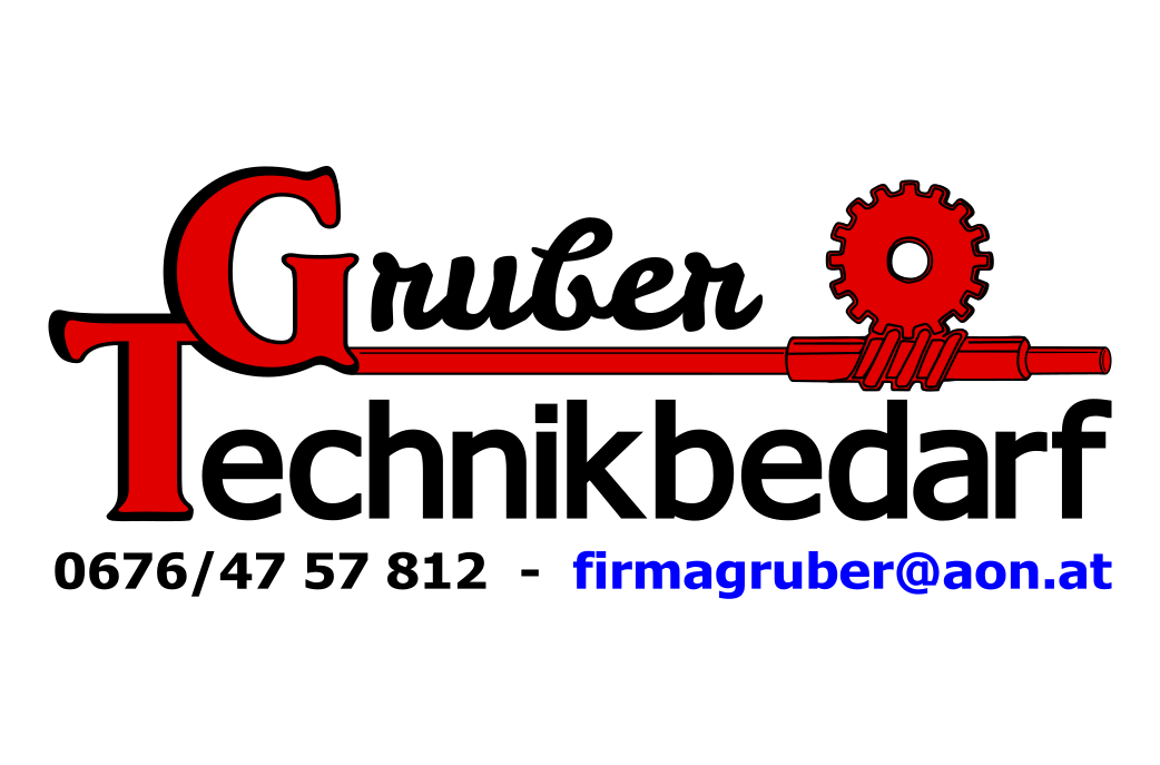Das Logo von Gruber Technikbedarf zeigt ein rotes Zahnradsymbol und beinhaltet die Telefonnummer 6/47 57 812 und die E-Mail-Adresse firmagruber@ao.
