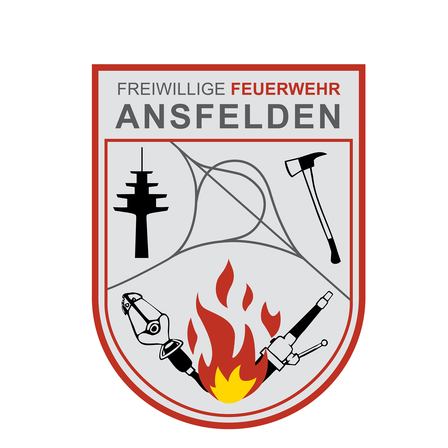 Das Emblem der Freiwilligen Feuerwehr Ansfelden zeigt einen Schild mit Feuer, Feuerlöscher, Axt und Sendeturm auf weißem Hintergrund.