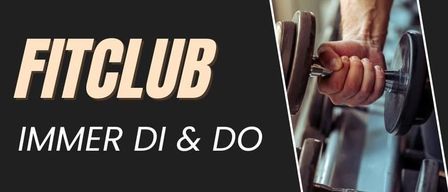 Fitclub-Veranstaltungsposter mit Trainingsbildern, Zeiten und einem Link zur kostenlosen Teilnahme. Power Hula Hoop um 19:45 und Fitclub um 20:00.