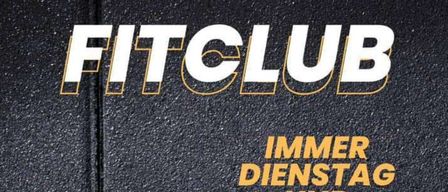 Ein schwarzer Hintergrund mit gelbem Text bewirbt einen Fitnessclub. Dienstags und donnerstags gibt es Power Hula Hoop um 19:45 und Fitclub um 20:00. Trainiere mit uns. Zugangslink verfügbar.