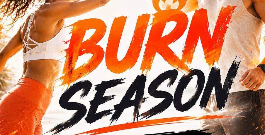 Ein Mann und eine Frau am Strand, beide lächelnd, halten Händchen und trainieren mit den Worten Burn Season und Start 15.7 darüber.