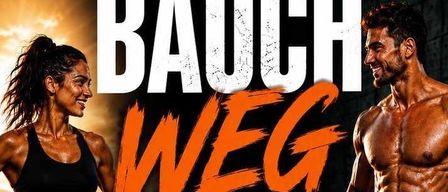 Plakat für die Bauch Weg Challenge mit einer Frau in Trainingskleidung und einem Mann mit sichtbaren Bauchmuskeln. Das Datum 26.8. ist prominent angezeigt.