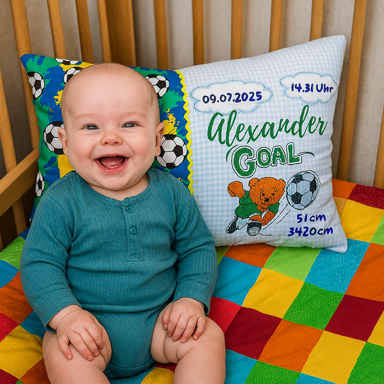 Ein lächelndes Baby sitzt auf einem Bett mit einer bunten Decke. Hinter dem Baby befindet sich ein Kissen mit einem Fußballdesign und dem Namen Alexander Goal.