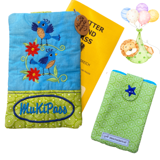 Ein Set besteht aus zwei Beuteln und einem Buch. Die Beutel sind farbenfroh mit Vogel- und Blumendesigns. Das Buch heißt 'Glück und Liebe'.