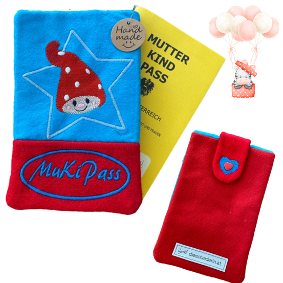 Drei Artikel auf weißem Hintergrund: ein blauer Beutel mit einem roten Gnom, ein roter Beutel mit einem blauen Logo und ein gelbes Büchlein mit dem Titel Mutter Kind Pass.
