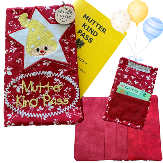 Ein Set mit einem roten Beutel mit einem Gnom, einem gelben Büchlein mit der Aufschrift Mutter Kind Pass, einer roten Geldbörse mit einer Karte und drei Luftballons.