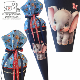 Drei Kegeltaschen mit verschiedenen Mustern, darunter eine mit einem Elefanten und einem Schmetterling und eine weitere mit verschiedenen Tieren.