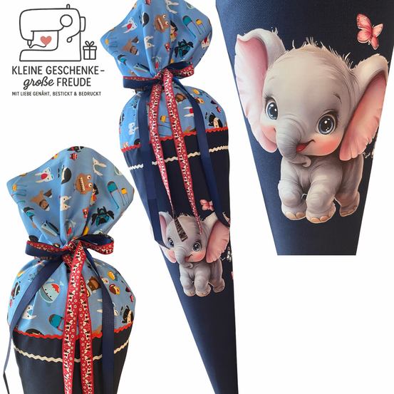 Drei Kegeltaschen mit verschiedenen Mustern, darunter eine mit einem Elefanten und einem Schmetterling und eine weitere mit verschiedenen Tieren.