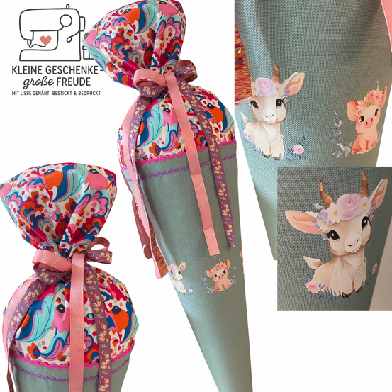 Drei farbenfrohe Taschendesigns mit Blumenmustern und Bändern. Eine Tasche mit Ziegenillustration und einem Schwein an der Seite. Eine weitere Tasche zeigt eine Ziege mit Blumenkranz.