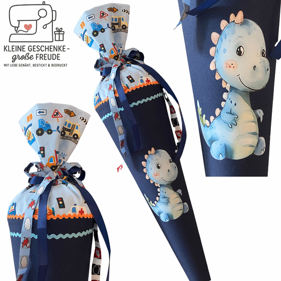 Drei Geschenktüten mit Dinosaurier-Illustrationen. Eine hat ein Band, und die anderen beiden haben Henkel. Der Text lautet 'Kleine Geschenke - große Freude'.