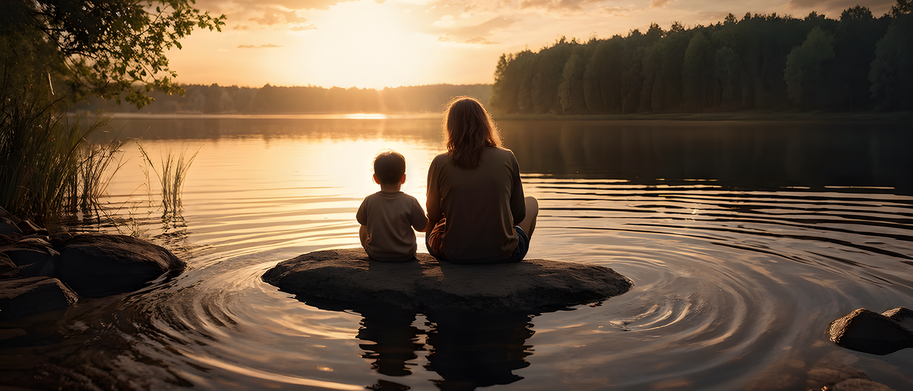 Eine Mutter und ihr kleiner Sohn sitzen auf einem Felsen in einem See und beobachten den Sonnenuntergang.