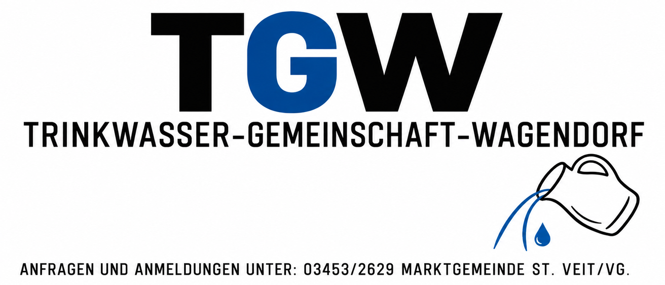 Das Bild zeigt das Logo von TGW Wasser-Gemeinschaft, das einen blauen Kreis mit den Buchstaben 'TGW' in weiß enthält. Unter dem Logo steht der Text 'Wasser-Gemeinschaft-Wasser' und 'Meldungen unter: 03453/2629 MARKTGEME'. Das Design ist schlicht und klar, mit einem weißen Hintergrund.