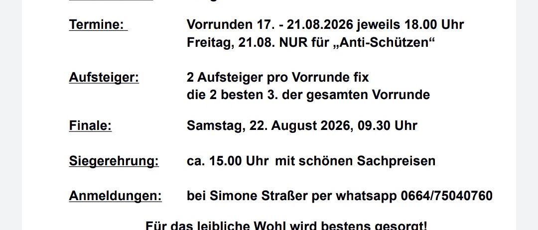 Ein Flyer von Raiffeisen Steyr bewirbt eine Veranstaltung, die von ihnen gesponsert wird. Die Termine sind vom 17. bis 21. August 2026, mit täglichen Vorrunden ab 18 Uhr. Anmeldungen können per WhatsApp erfolgen. Die Endveranstaltung ist am 22. August 2026 um 9:30 Uhr.