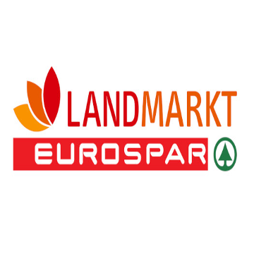 Das Logo für LANDMARKT EUROSPAR, mit einem roten Blatt und einem grünen Baumsymbol. Der Text LANDMARKT ist rot, während EUROSPAR weiß ist.