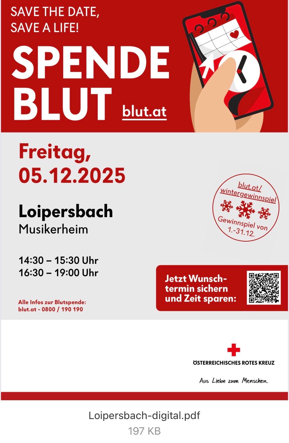 Plakat für das Blut.at Wintergewinnspiel-Event in Loipersdorf. Termin am Freitag, 05.12.2025 im Musikheim. Zeiten: 14:30-15:30 und 16:30-19:00. QR-Code zum Buchen und für weitere Infos unter blut.at.