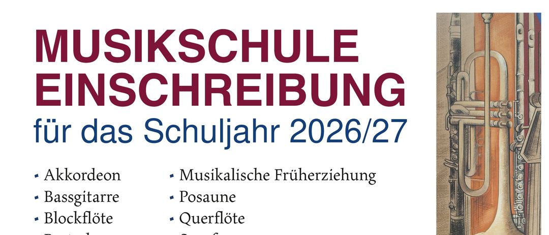 Plakat für das Schuljahr 2026/27 an der Strupe Musikschule. Es listet Musikinstrumente und Ensembles auf, die für Schüler verfügbar sind, zusammen mit Datum und Uhrzeit für eine Veranstaltung am 14. September 2026.