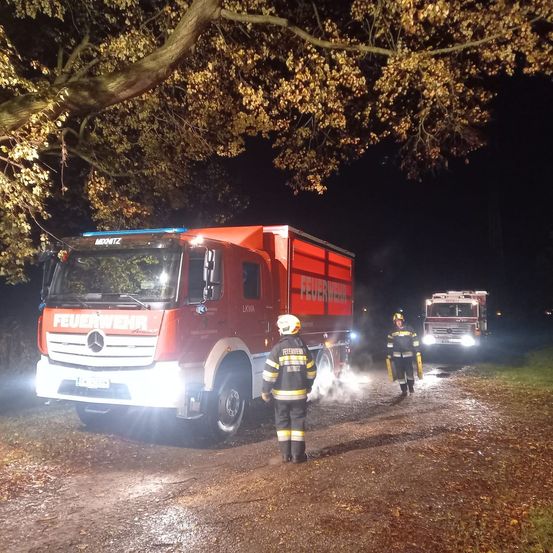 Zwei Feuerwehrleute stehen vor einem roten Feuerwehrauto bei Nacht. Das Auto ist auf einer nassen Straße geparkt, mit Bäumen an der Seite.